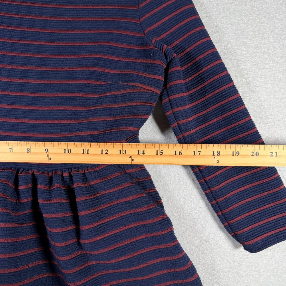 Maeve Anthropologie Navy Burgundy Striped Fit Flare Dress Pockets 3/4 Sleeve 4 - Picture 9 of 13